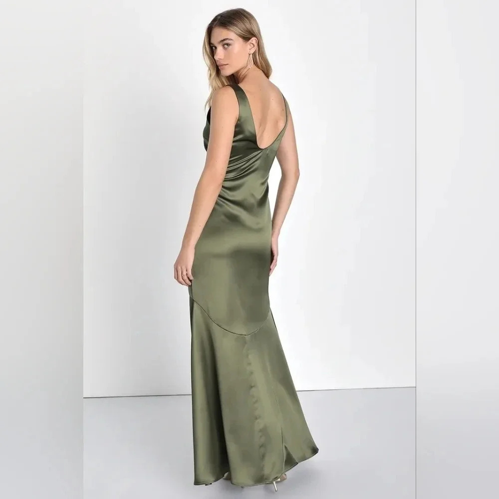 Lulus Enchanting Sophistication Olive Green Satin Mermaid Maxi Dress Party - Picture 5 of 10
